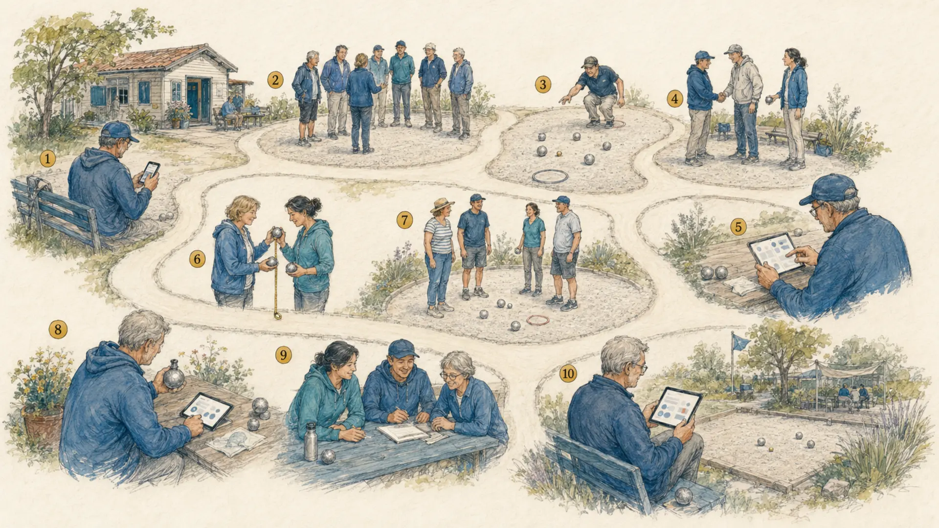 Illustration des gesamten Wegs durch ein Pétanque-Spiel